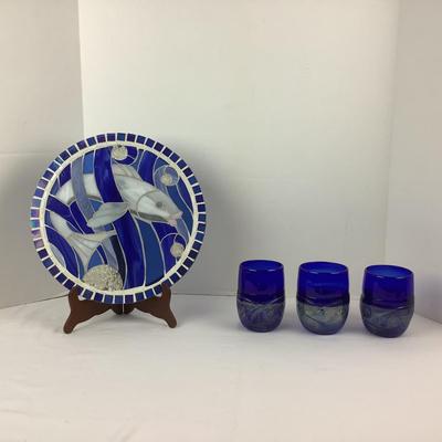 Lot 320 Hand Crafted Fish Mosaic & Three Hand Blown Cobalt Blue Glasses