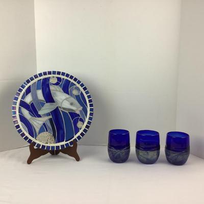 Lot 320 Hand Crafted Fish Mosaic & Three Hand Blown Cobalt Blue Glasses
