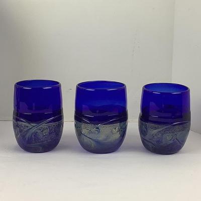 Lot 320 Hand Crafted Fish Mosaic & Three Hand Blown Cobalt Blue Glasses