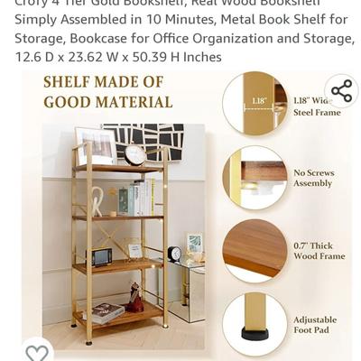Crofy 4 Tier Gold Bookshelf, Real Wood Bookshelf Simply Assembled in 10 Minutes, Metal Book Shelf for Storage, Bookcase for Office...