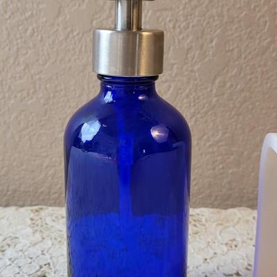 Blue Glass Soap or Lotion Dispenser & Toothbrush Holder