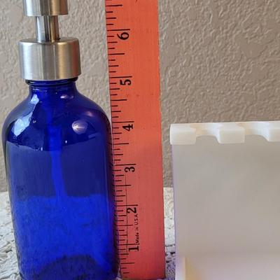 Blue Glass Soap or Lotion Dispenser & Toothbrush Holder