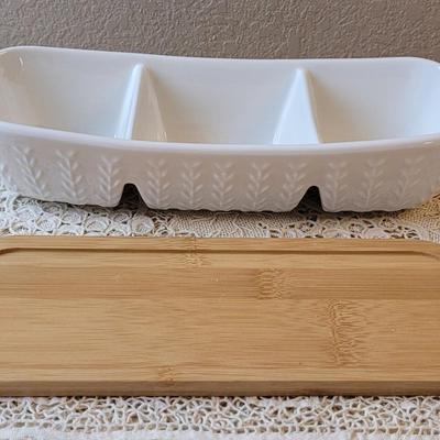 3 Section Ceramic Dish and Wood Serving Plate