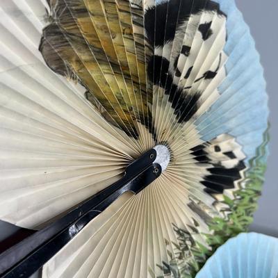 Pair of Chinese Folding Hand Fans Panda Bears Cherry Flower Blossoms