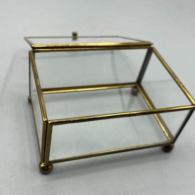 Small Brass Metal Frame Glass Jewelry Box Trinket Holder Display Case