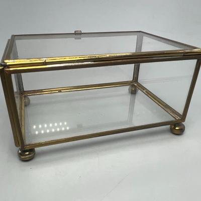 Small Brass Metal Frame Glass Jewelry Box Trinket Holder Display Case