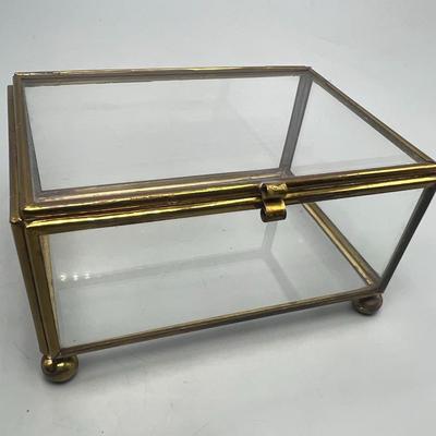 Small Brass Metal Frame Glass Jewelry Box Trinket Holder Display Case