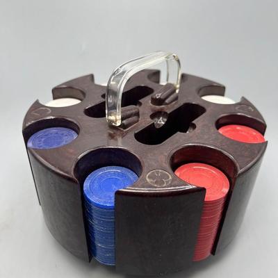 Vintage Plastic Poker Chip Caddy with Red Blue and White Chips