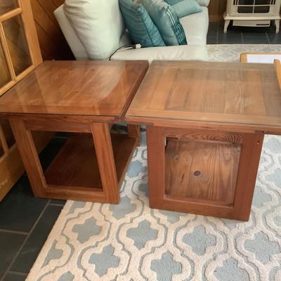 Lot 326  Pair of Wooden End Tables with Glass Tops by This End Up Furniture Company