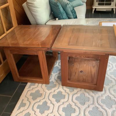 Lot 326  Pair of Wooden End Tables with Glass Tops by This End Up Furniture Company