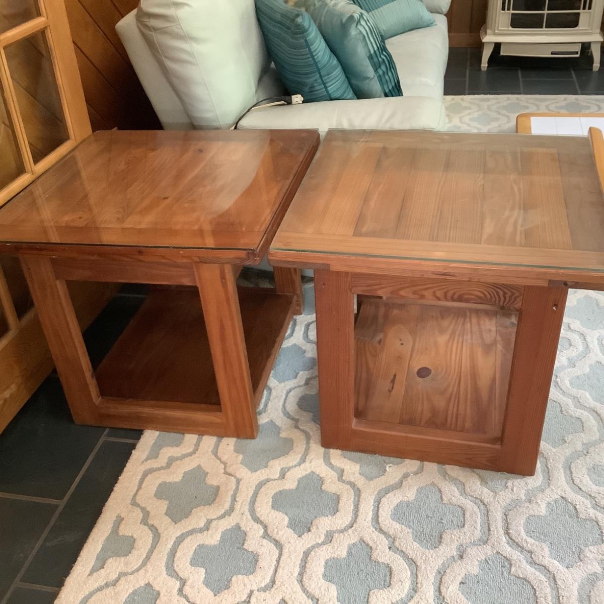Lot 326 Pair of Wooden End Tables with Glass Tops by This End Up
