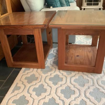 Lot 326  Pair of Wooden End Tables with Glass Tops by This End Up Furniture Company