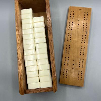 Vintage Two for One Domino Set in Wooden Box Cribbage Board Lid