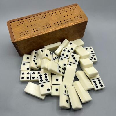 Vintage Two for One Domino Set in Wooden Box Cribbage Board Lid