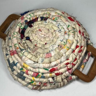 Vintage Retro Boho Twisted Braided Rag Rug Style Basket with Wood Handles
