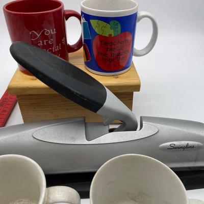 Coffee mugs,3 hole puncher, yardstick