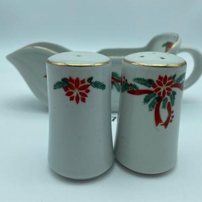 Vtg Tienshan Christmas gravy sleigh boat and salt & pepper shakers
