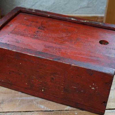 LARGE PRIMITIVE RED  OLD PAINTED CANDLE BOX