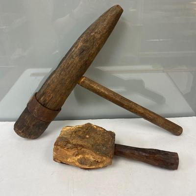 Pair of Antique Primitive Wooden Mallet Hammer Clubs