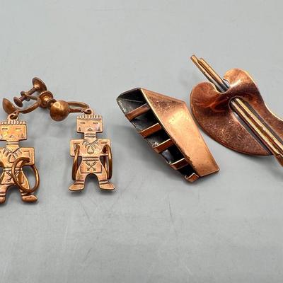 Vintage Stamped Copper Southwest Kachina Doll & Rame Abstract Musical Clip Style Earrings