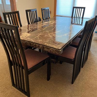 D1- Italian Marble Pedestal Dining Table and 8 black lacquer chairs