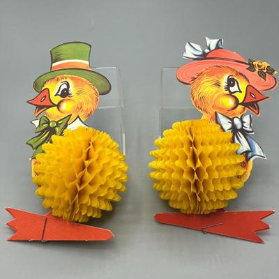 Pair of Vintage Honeycomb Spring Mr. & Mrs. Duck Chick Hanging Paper Centerpieces