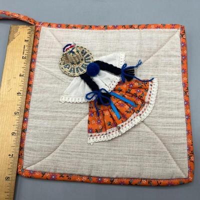 Vintage Rustic Square Handmade Fabric Spanish Woman Traditional Wear Pot Holder