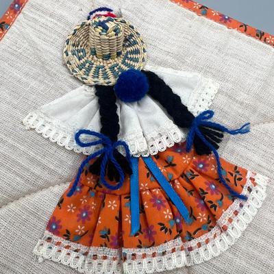Vintage Rustic Square Handmade Fabric Spanish Woman Traditional Wear Pot Holder