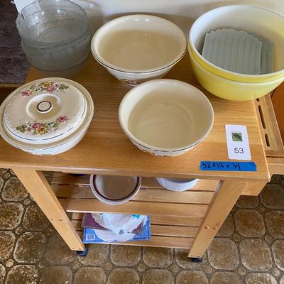 Kitchen cart w vintage household items Pyrex