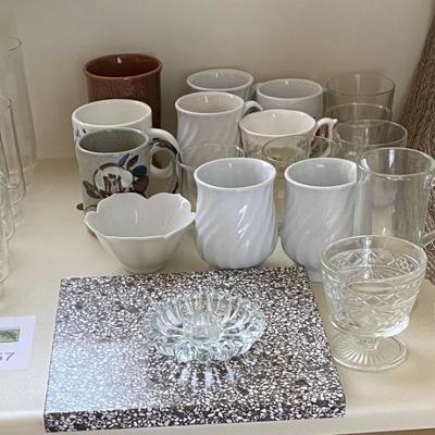 Lot of large vintage glass bowls and coffee mugs