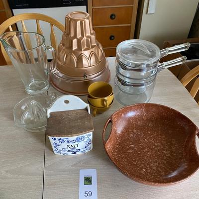 Vintage salt cellar and various kitchen items