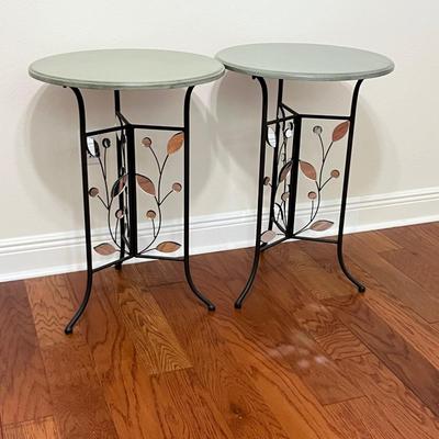 Pair (2) ~ Mirrored Leaf Design Side Tables
