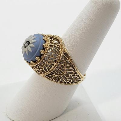 LOT165: Wedgwood Blue Jasperware 14k Gold Filigree Diamond Ring (marked OX) weight is 6.05g