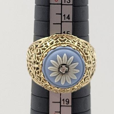 LOT165: Wedgwood Blue Jasperware 14k Gold Filigree Diamond Ring (marked OX) weight is 6.05g