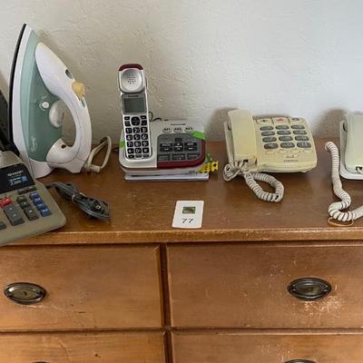 Vintage phones irons and various electronics