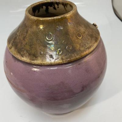 Retro Jan Rowen Purple Violet Iridescent Pottery Vase in Raku Japanese Style