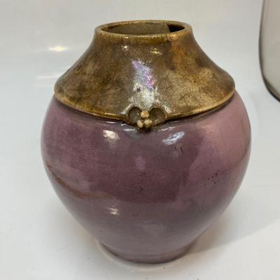 Retro Jan Rowen Purple Violet Iridescent Pottery Vase in Raku Japanese Style