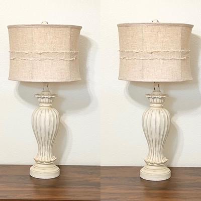 Pair (2) ~ Farmhouse Off White Table Lamps ~ With Burlap Lampshades