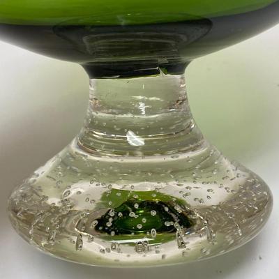 Apple Green Art Glass Pedestal Candy Dish Compote with Bubble Filled Clear Base