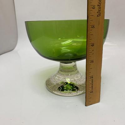 Apple Green Art Glass Pedestal Candy Dish Compote with Bubble Filled Clear Base