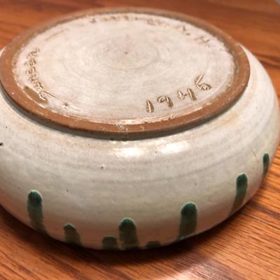 Vintage 1945 Pottery Signed Duncan; Green Glaze Drip -Lot 406