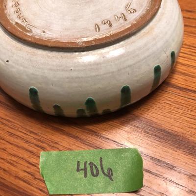 Vintage 1945 Pottery Signed Duncan; Green Glaze Drip -Lot 406