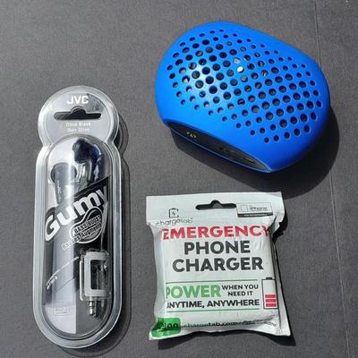 Gumy earphones, I-Phone Emergency Phone Charger and a blue tooth speaker