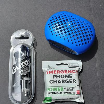 Gumy earphones, I-Phone Emergency Phone Charger and a blue tooth speaker
