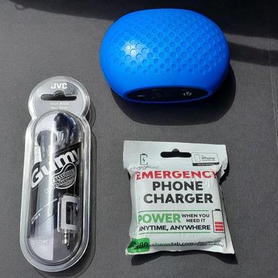 Gumy earphones, I-Phone Emergency Phone Charger and a blue tooth speaker