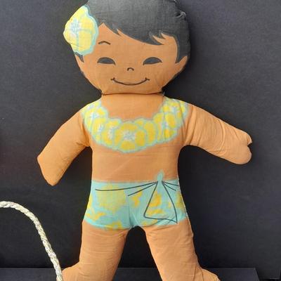 Two Vintage Hawaiian Huggables cloth dolls and an Indonesian Fish wind chime