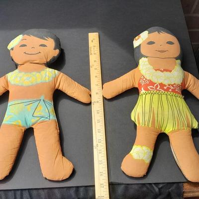 Two Vintage Hawaiian Huggables cloth dolls and an Indonesian Fish wind chime