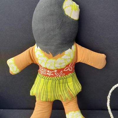 Two Vintage Hawaiian Huggables cloth dolls and an Indonesian Fish wind chime
