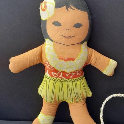 Two Vintage Hawaiian Huggables cloth dolls and an Indonesian Fish wind chime