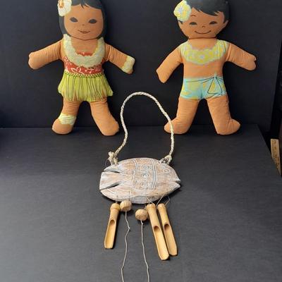 Two Vintage Hawaiian Huggables cloth dolls and an Indonesian Fish wind chime